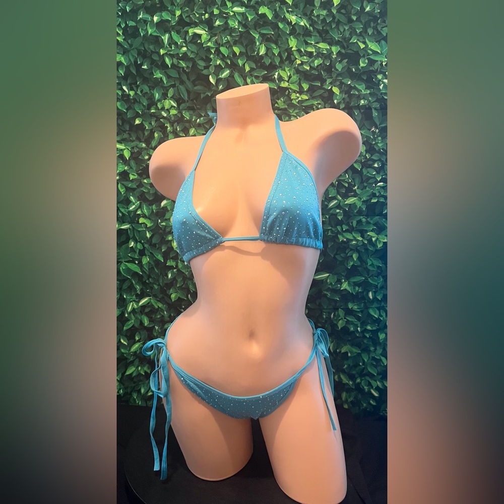 Blue Rhinestone Bikini Exotic Dancewear Lingerie Sexy Nightwear